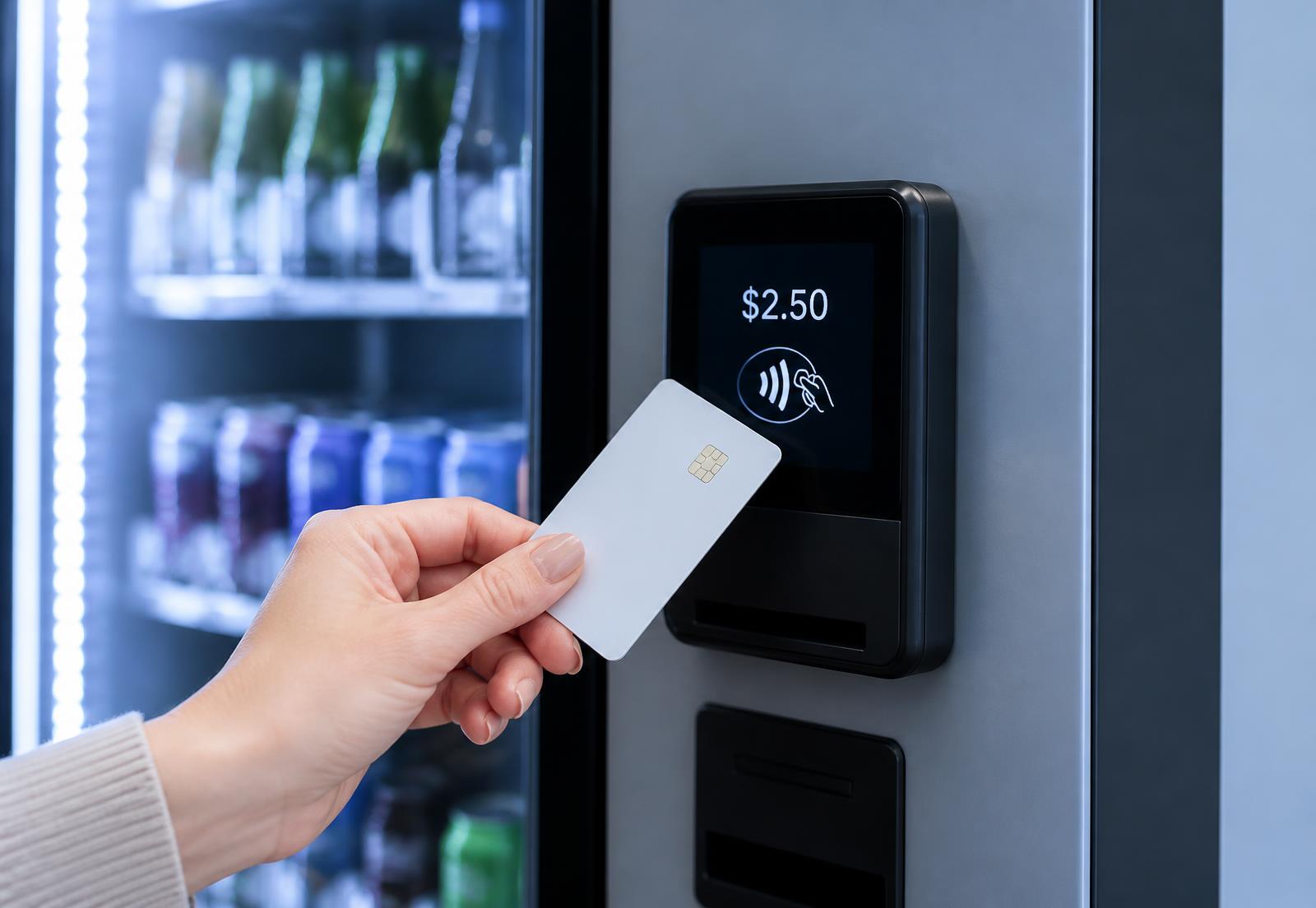 Customer tapping a bank card on an unattended payment terminal built into a vending machine